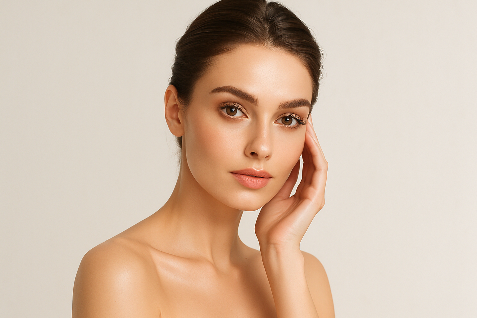 eine bildhübsche Frau auf hellem hintergrund wie auf einem Beauty Magazin cover aber ohne schrift